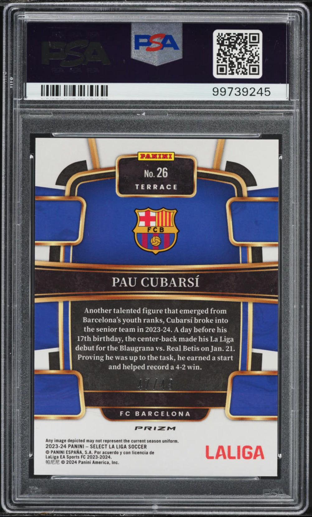 2023 Select La Liga Terrace Orange Pau Cubarsi ROOKIE #26