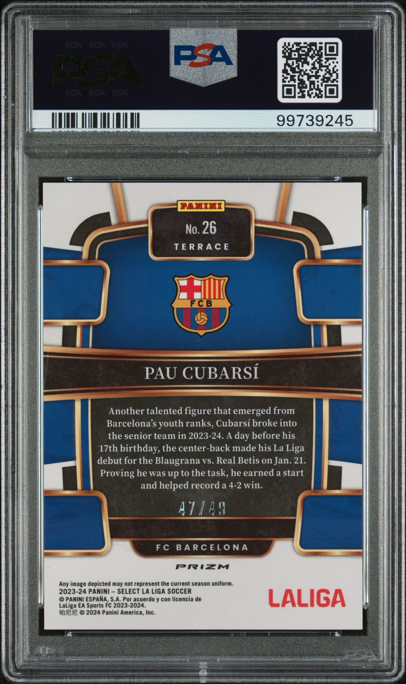 2023 Select La Liga Terrace Orange Pau Cubarsi ROOKIE #26