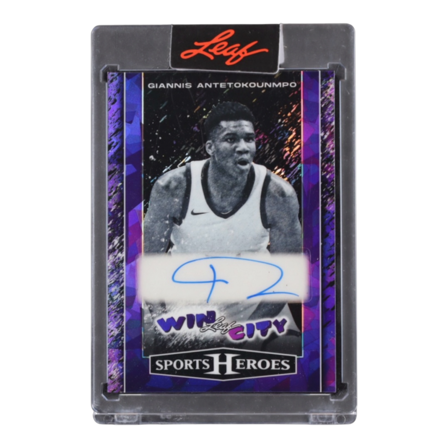Giannis Antetokounmpo 2025 Leaf Sports Heroes Win City Purple Autographs #WC-GA1