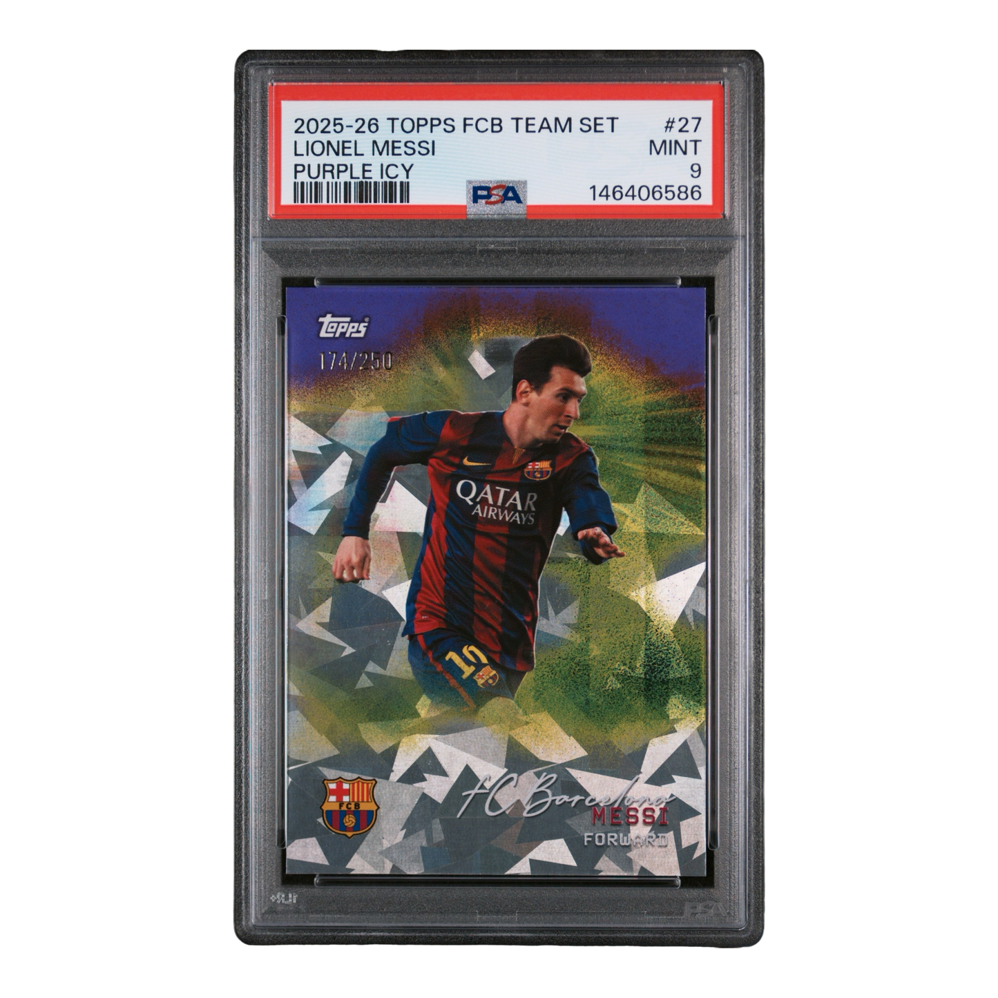 2025 TOPPS FC BARCELONA TEAM SET #27 LIONEL MESSI PURPLE ICY