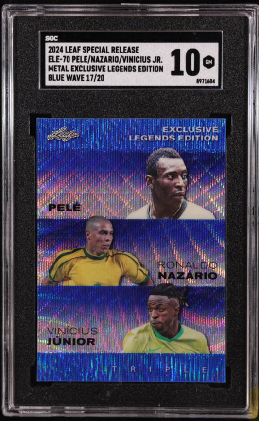 Pele / Ronaldo Nazario / Vinicius Junior 2024 Leaf Special Release Metal Exclusive Legends Blue Wave #ELE70