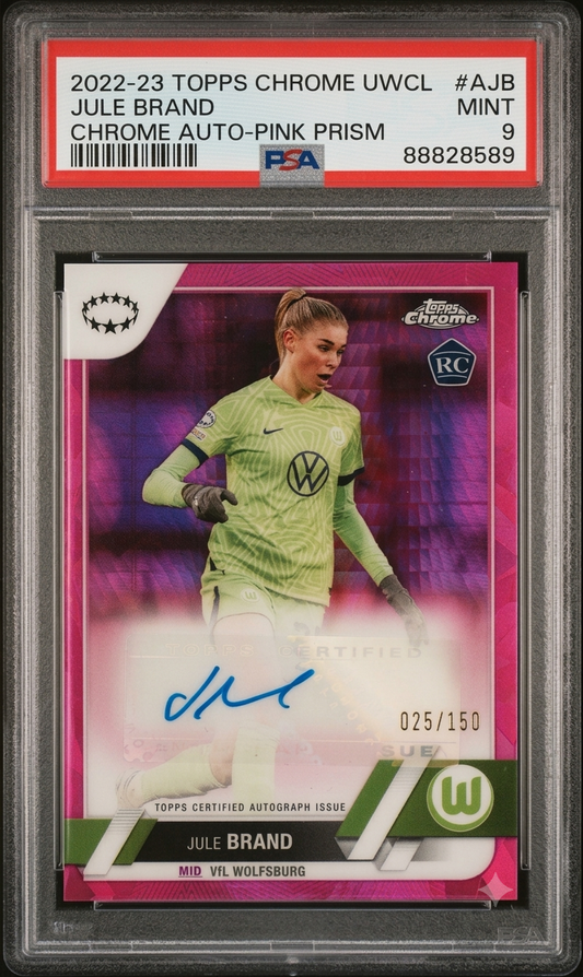 2022-23 TOPPS CHROME UEFA WOMEN'S CHAMPIONS LEAGUE CHROME AUTOGRAPHS #AJB JULE BRAND CHROME AUTO-PINK PRISM REF