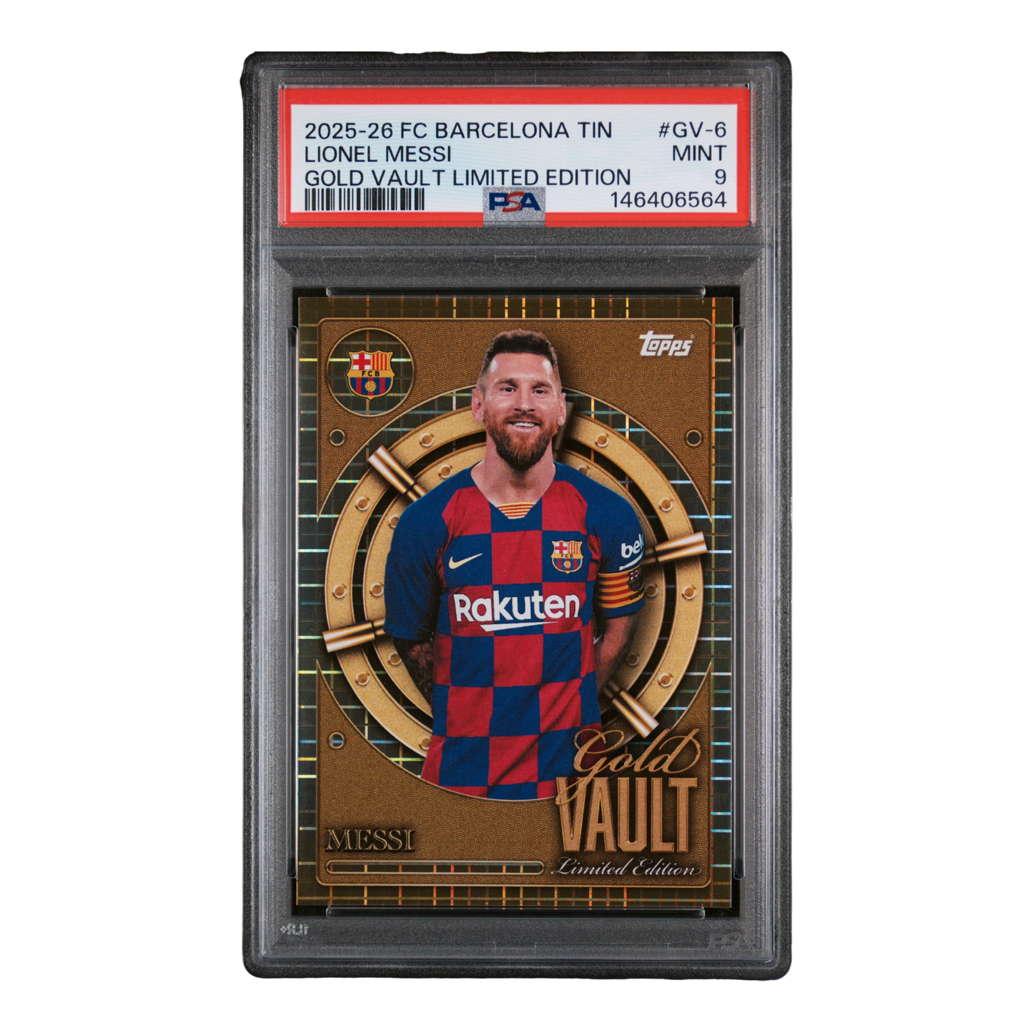 2025-2026 TOPPS FC BARCELONA COLLECTOR TIN GOLD VAULT LIMITED EDITION #GV-6 LIONEL MESSI