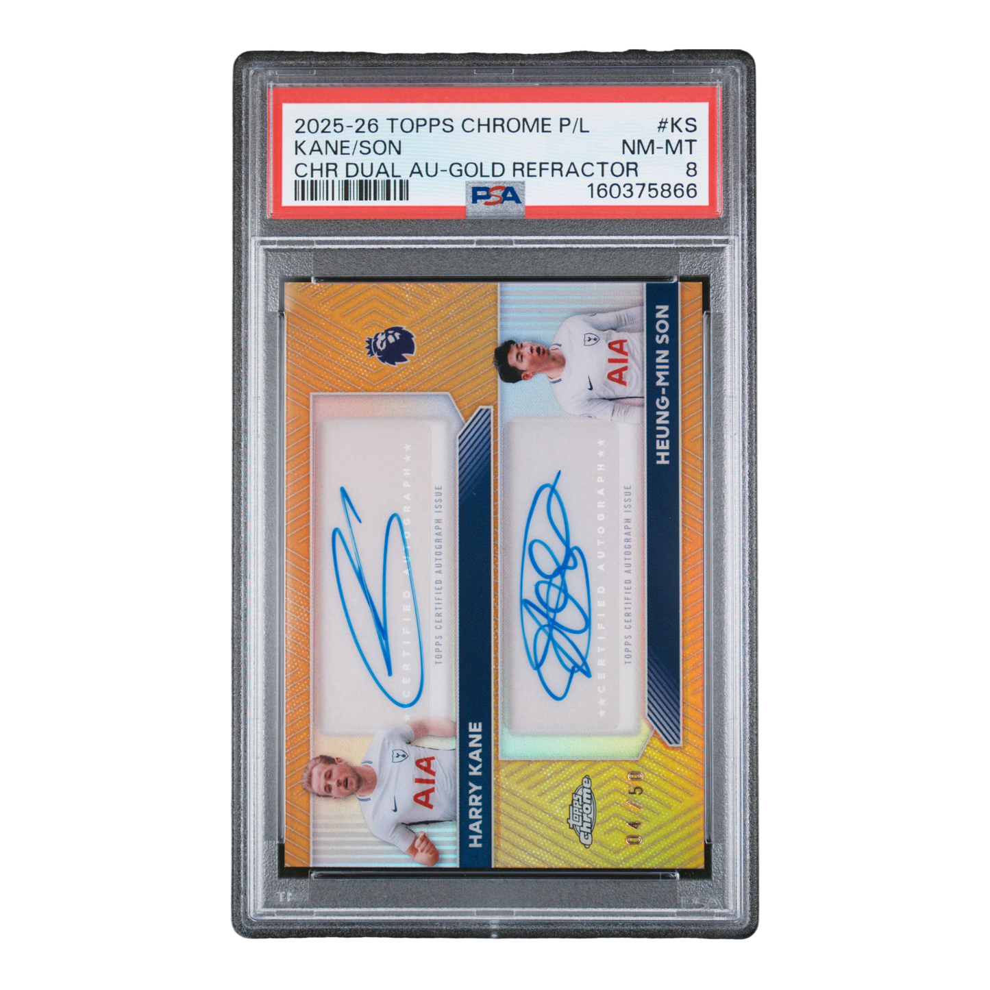 2025-2026 TOPPS CHROME PREMIER LEAGUE CHROME DUAL AUTOGRAPHS #KS KANE/SON CHR DUAL AU-GOLD REFRACTOR